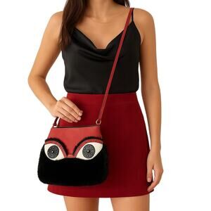 Vintage 90 Sharif Red Black Eye Appliqué Crossbody Bag Faux Fur Leather 8x11